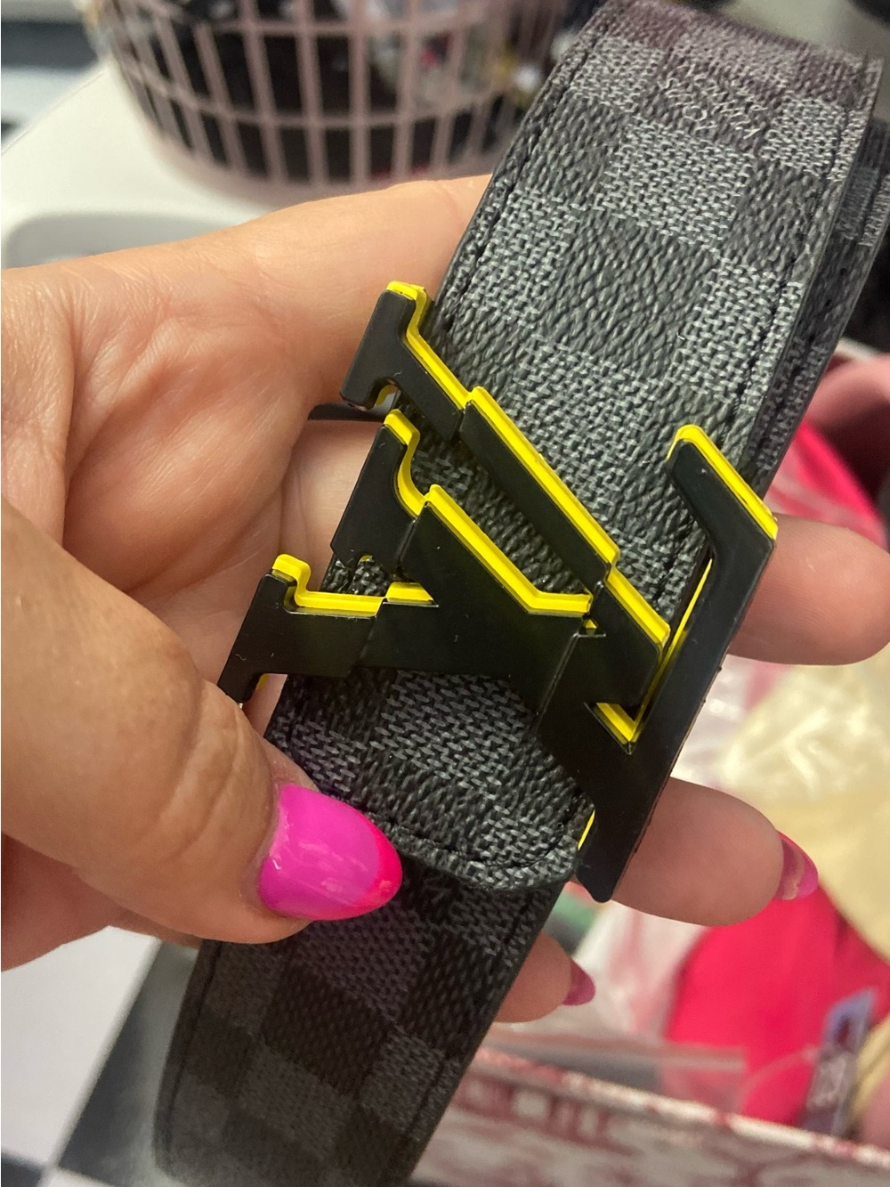 Designer-Inspired Black Checkered Leather Belt with Yellow-Trim Buckle